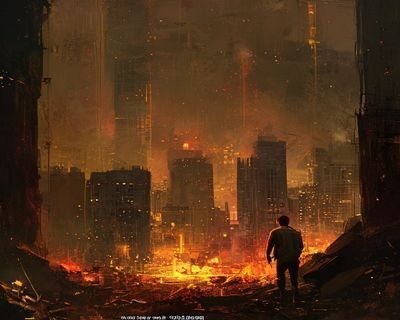 挣扎吧亚当君世界观概念插画，亚当君独立于昏黄路灯下，城市废墟背景，酒红与金色光晕渲染出压抑而温柔的氛围