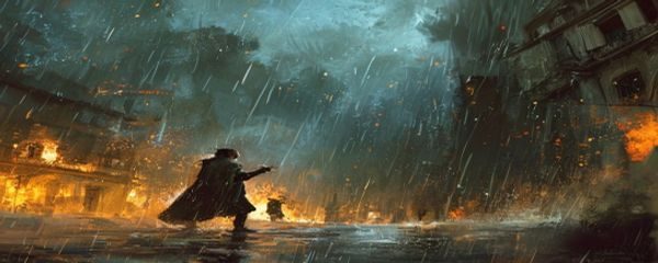 挣扎吧亚当君第二幕关键场景，亚当君与卡尔在雨中对峙，两人背后是燃烧的建筑，画面张力十足